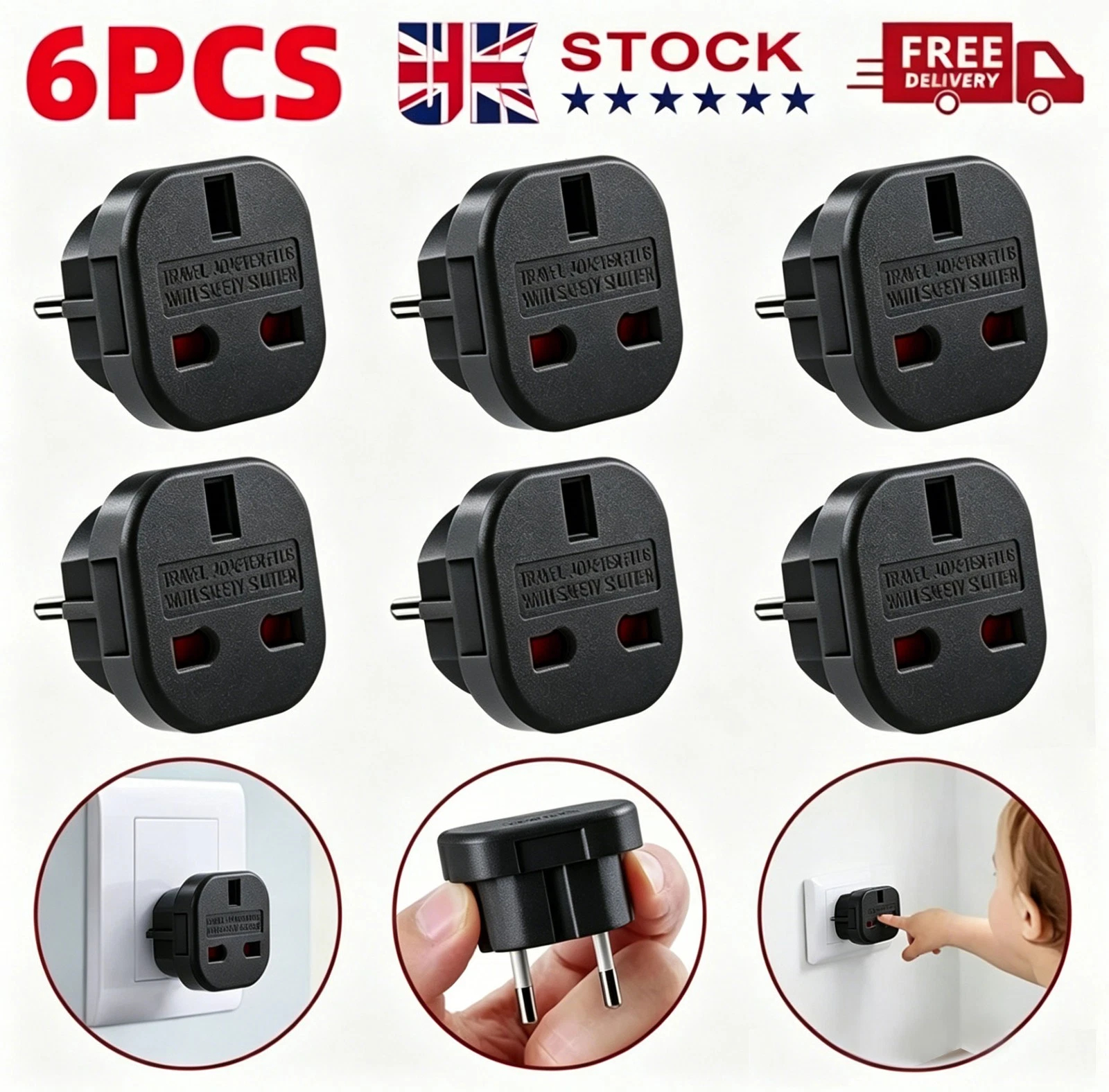 6X Black UK To EU Travel Adaptor Europe European Plug Adapter UK 3 Pin To 2 Pin photo 3