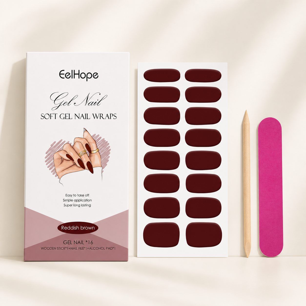 EELHOPE Soft Gel Nail Sticker Set, Red Brown, 1 Set photo 1