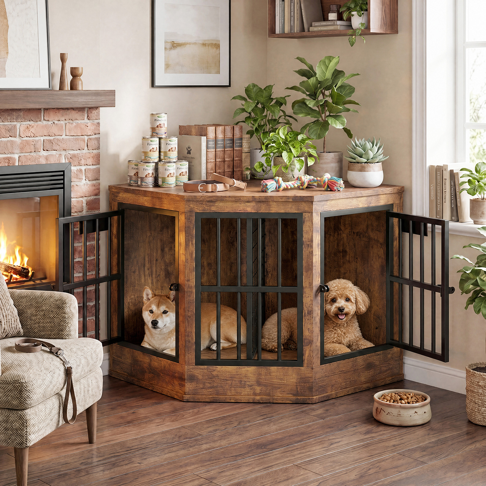 Corner Dog Crate Furniture Modern Indoor Dog Cage Decorative Pet House TV Stand For Medium And Large Sized Dogs Brown photo 5