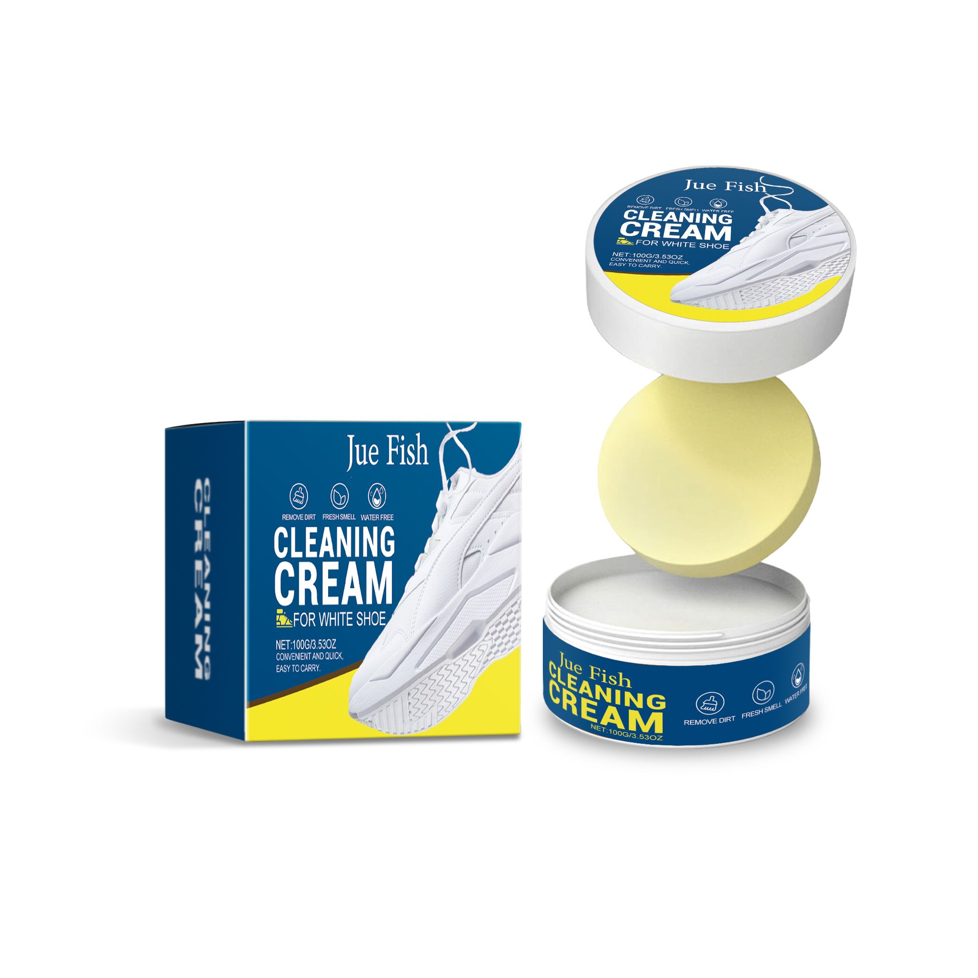 JUE FISH White Shoe Cleaning Cream, 100 g with Sponge photo 1