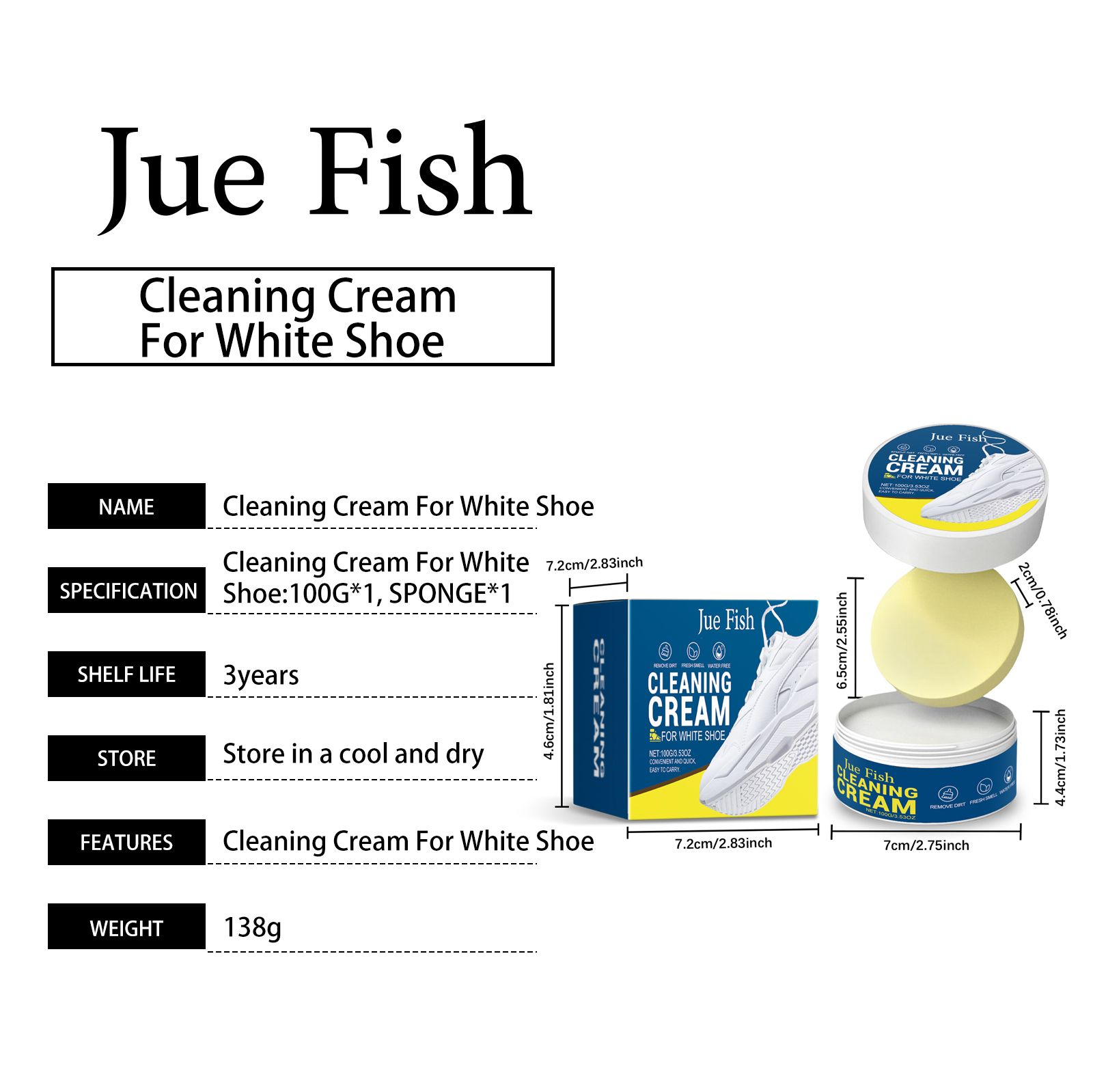 JUE FISH White Shoe Cleaning Cream, 100 g with Sponge photo 2