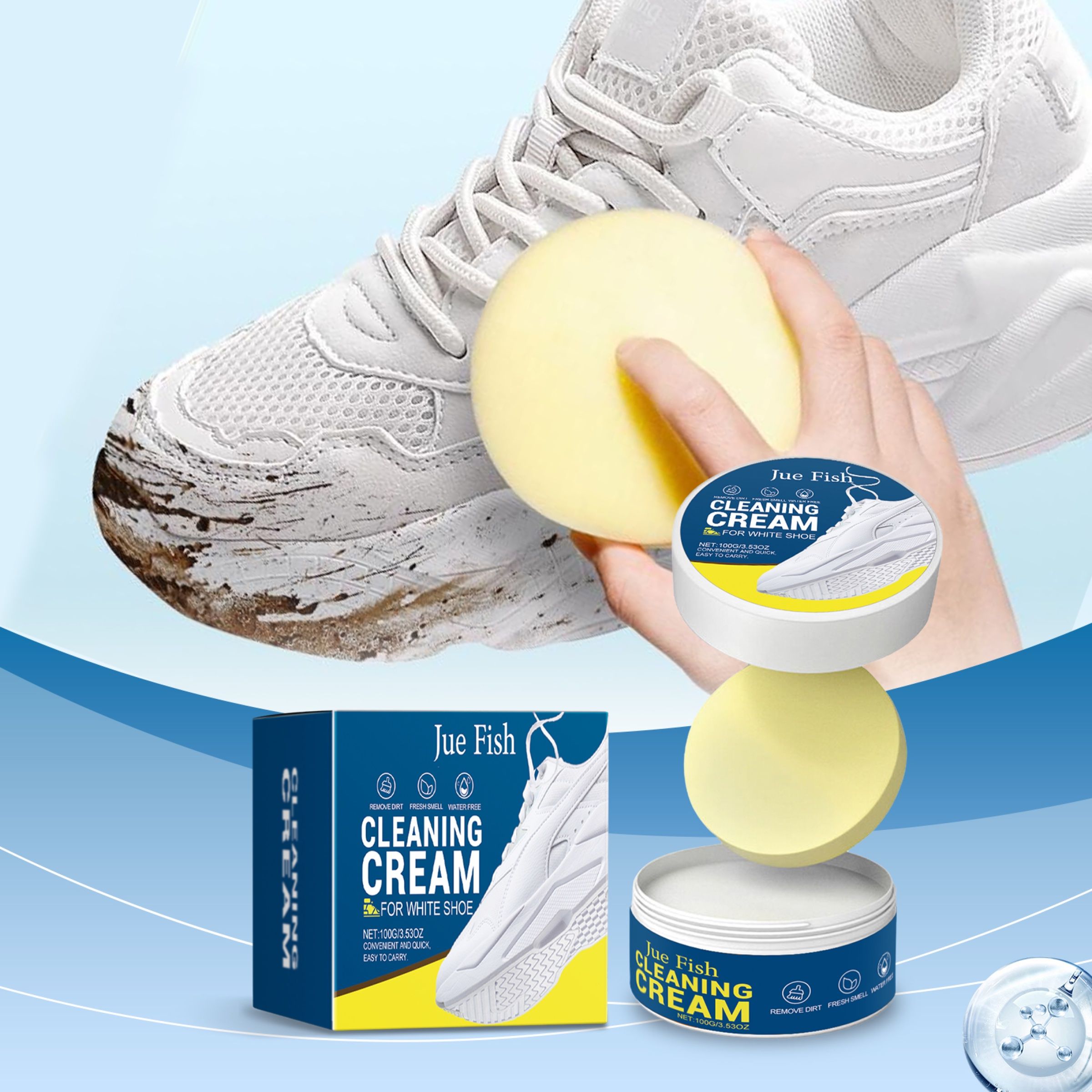 JUE FISH White Shoe Cleaning Cream, 100 g with Sponge photo 5