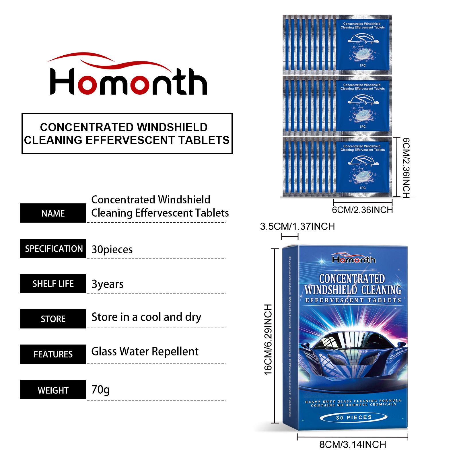 HOMONTH Automotive Windshield Cleaning Tablets, 30 Pieces photo 1