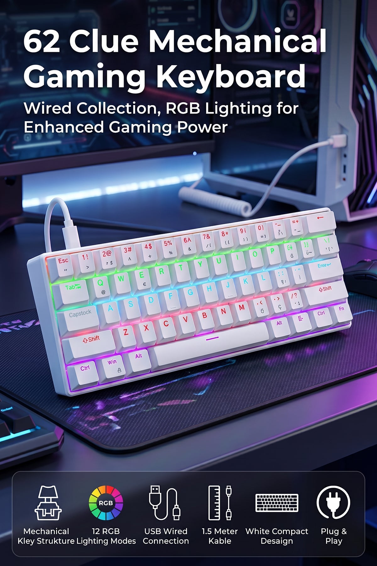 62-Key Mechanical Gaming Keyboard With 12 RGB Modes, Wired USB Compact Keyboard For PC And Laptop photo 1