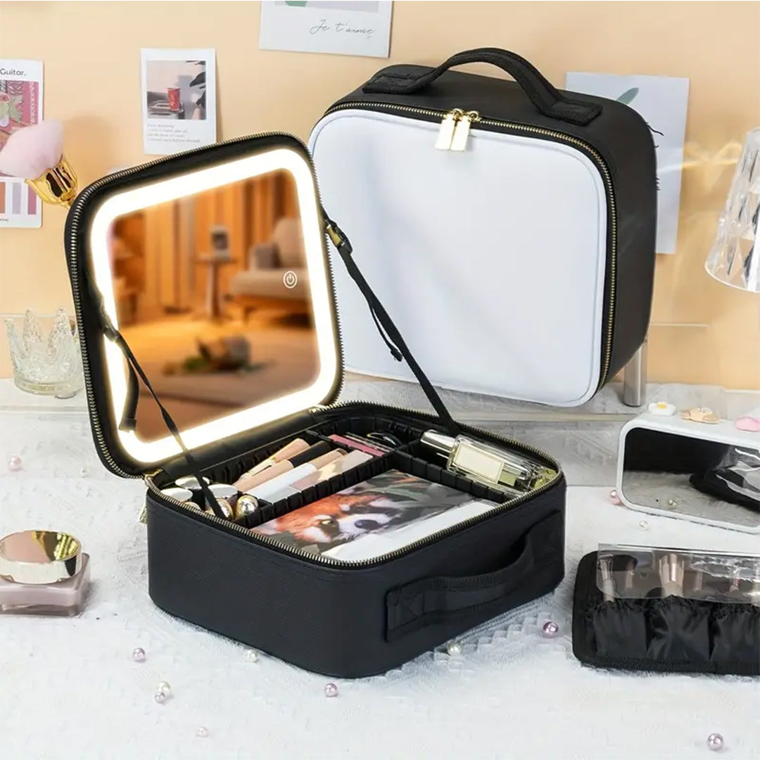 LED Makeup Organizer Case With Lighted Mirror And Adjustable Compartments photo 3