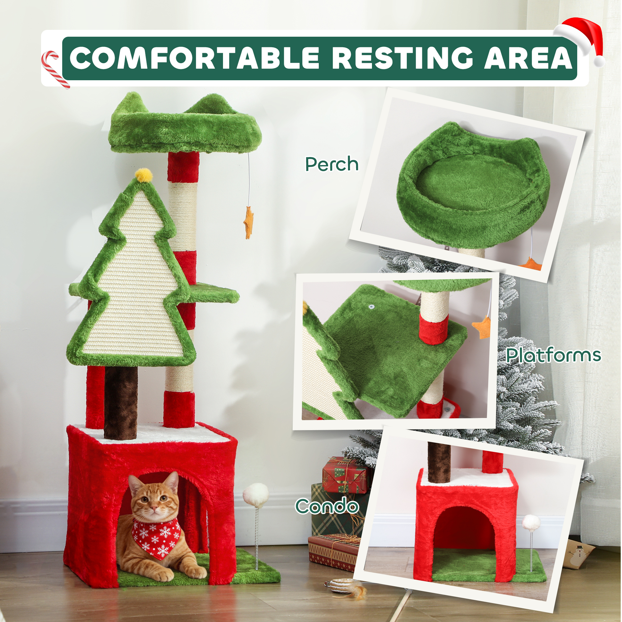 PawHut Christmas Cat Tree, 120cm Cat Tower With Scratching Post & Board, Platform, Toys, Green photo 8