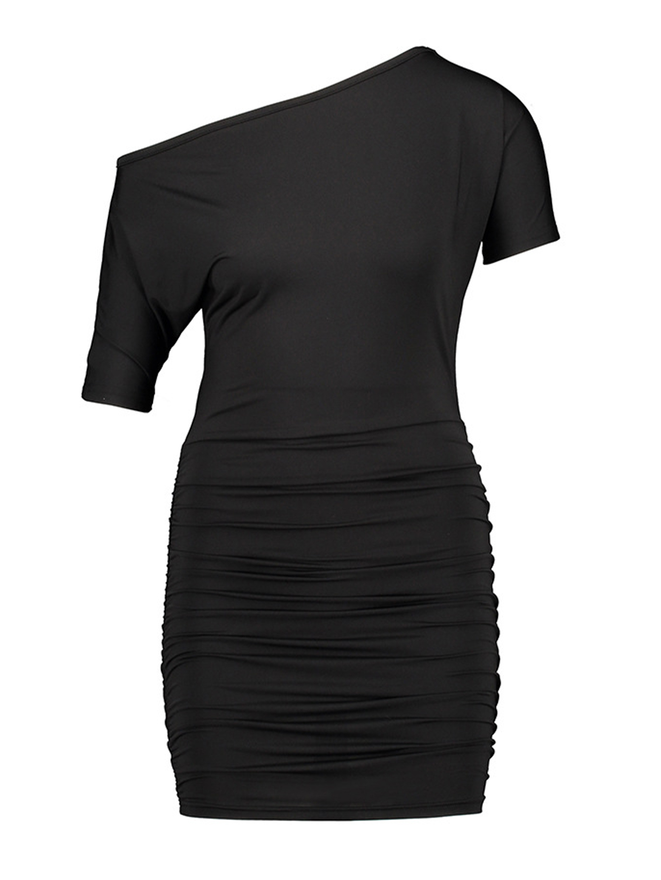 Women One Off Shoulder Dolman Half Sleeve Mini Dress Ruched Bodycon Short Club Party Sheath Dress photo 5