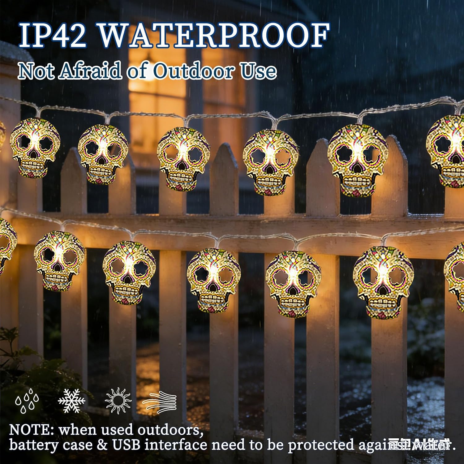 30 LED 15FT Halloween Skull String Lights Battery USB Powered With 2 Flashing Modes Indoor Outdoor Decor photo 6