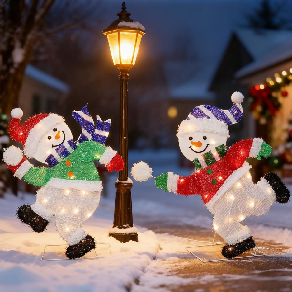 Set Of 2 Lighted Snowmen Christmas Decorations, Pre Lit 2D Tinsel Cute Snowman Snowball Fight With Lights, Light Up Plug In For Indoor Outdoor Xmas Winter Holiday Yard Lawn Garden Decor photo 3
