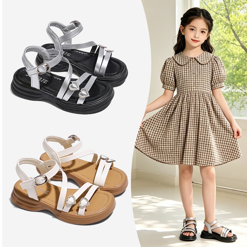 2026 Summer New Trendy Kids Sandals, Girls Soft Sole Fashion Princess Shoes, Silver Roman Sandals Children Beach Shoes photo 1
