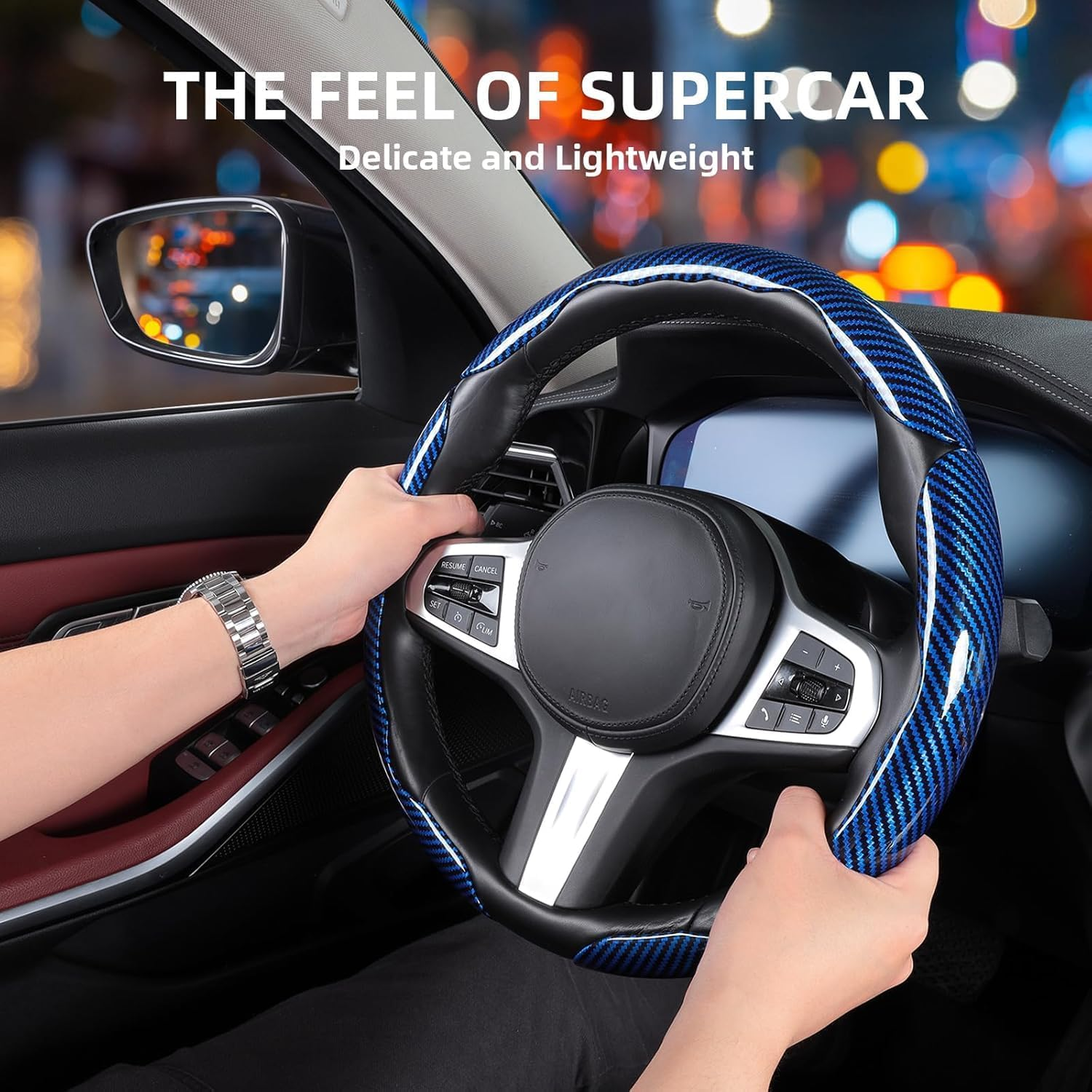 Carbon Fiber Steering Wheel Covers 3 Piece Clip On Steering Wheel Cover -Blue photo 3