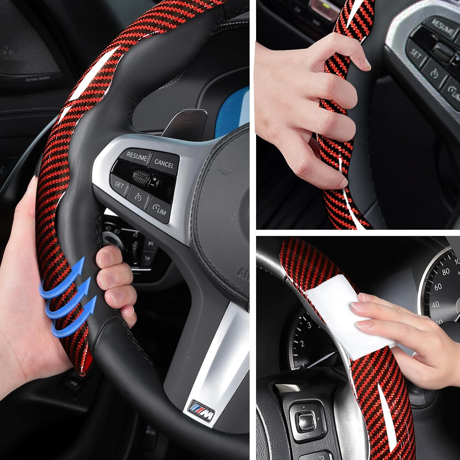 Carbon Fiber Steering Wheel Cover - Three-piece Snap-on Steering Wheel Cover -red photo 2