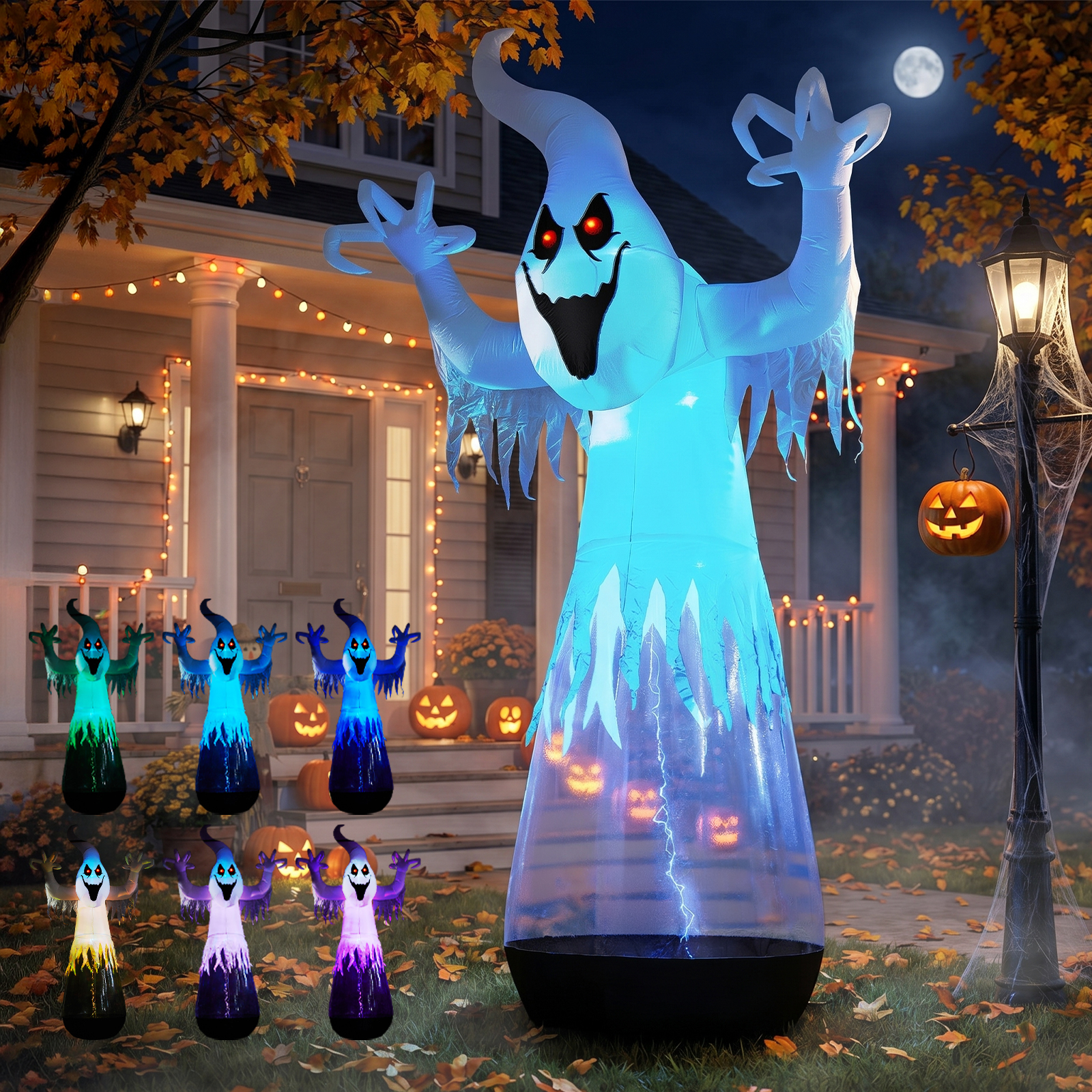 12ft Inflatable Halloween Decor Half-Body Clear PVC White Ghost With 2 LED Lights & 1 Stage Light,Black & White,12V 2000mA US Power Adapter photo 1