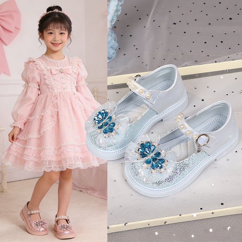 2026 Spring & Autumn New Girls Light-Up Princess Leather Shoes, Elsa Crystal Soft Sole Flat Shoes, Little Girls Pearl Decor Single Shoes photo 1
