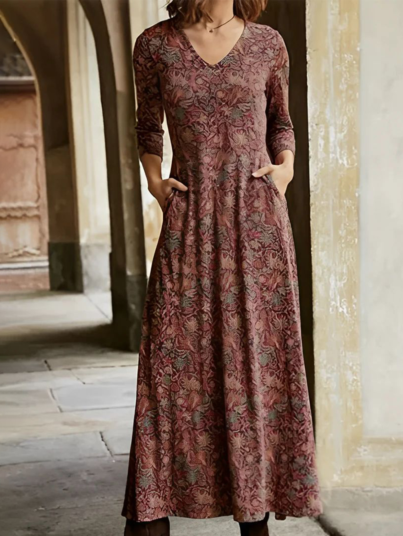 Women's Vintage Floral Print Maxi Dress V Neck Long Sleeve Casual Long Dress With Pockets For Holiday Daily photo 1
