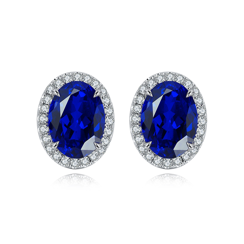 S925 Silver 1.9g Lab-Created Ruby Sapphire Earrings, 7x5mm Halo Studs, 2 Colors photo 4
