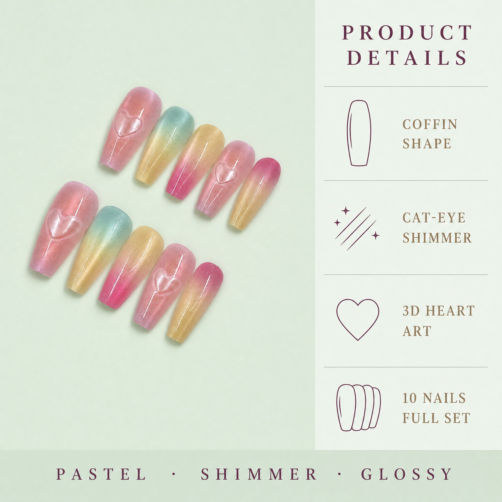 Macaron Cat-Eye Heart Press-On Nails photo 5