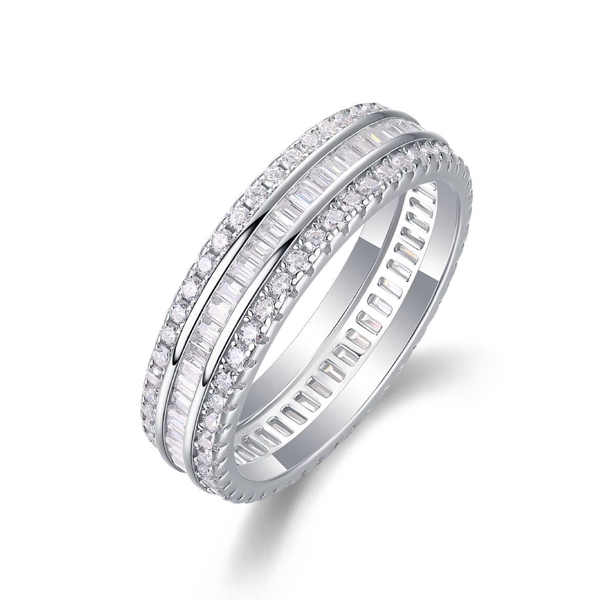 S925 Silver 2.8g Platinum Plated Moissanite Eternity Ring, 5.0mm Baguette & Round Cut Band, GRA Certified US 5-9 photo 1