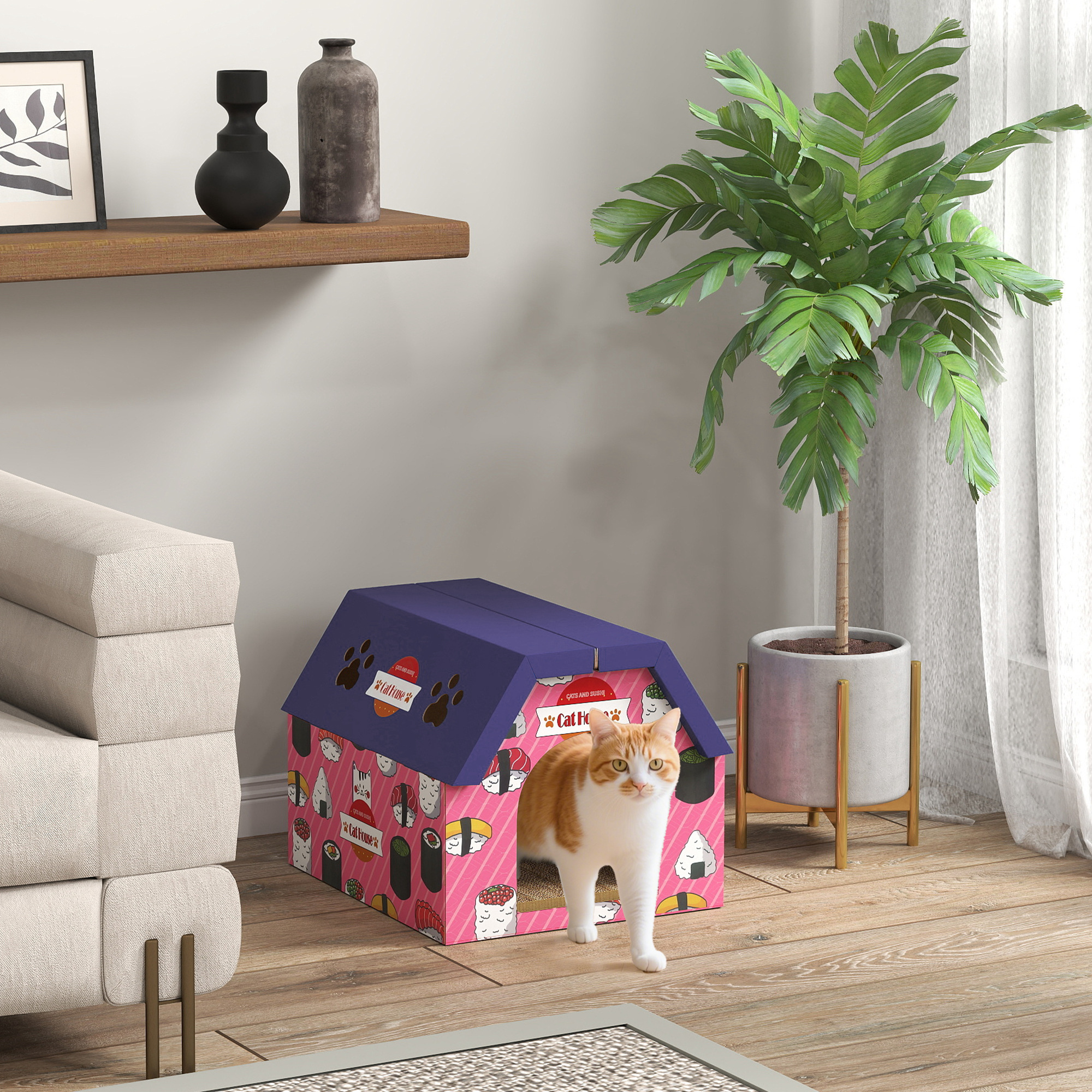 2 In 1 Gaming Style Cardboard Cat House With Scratching Board & Catnip For Indoor Cats photo 8
