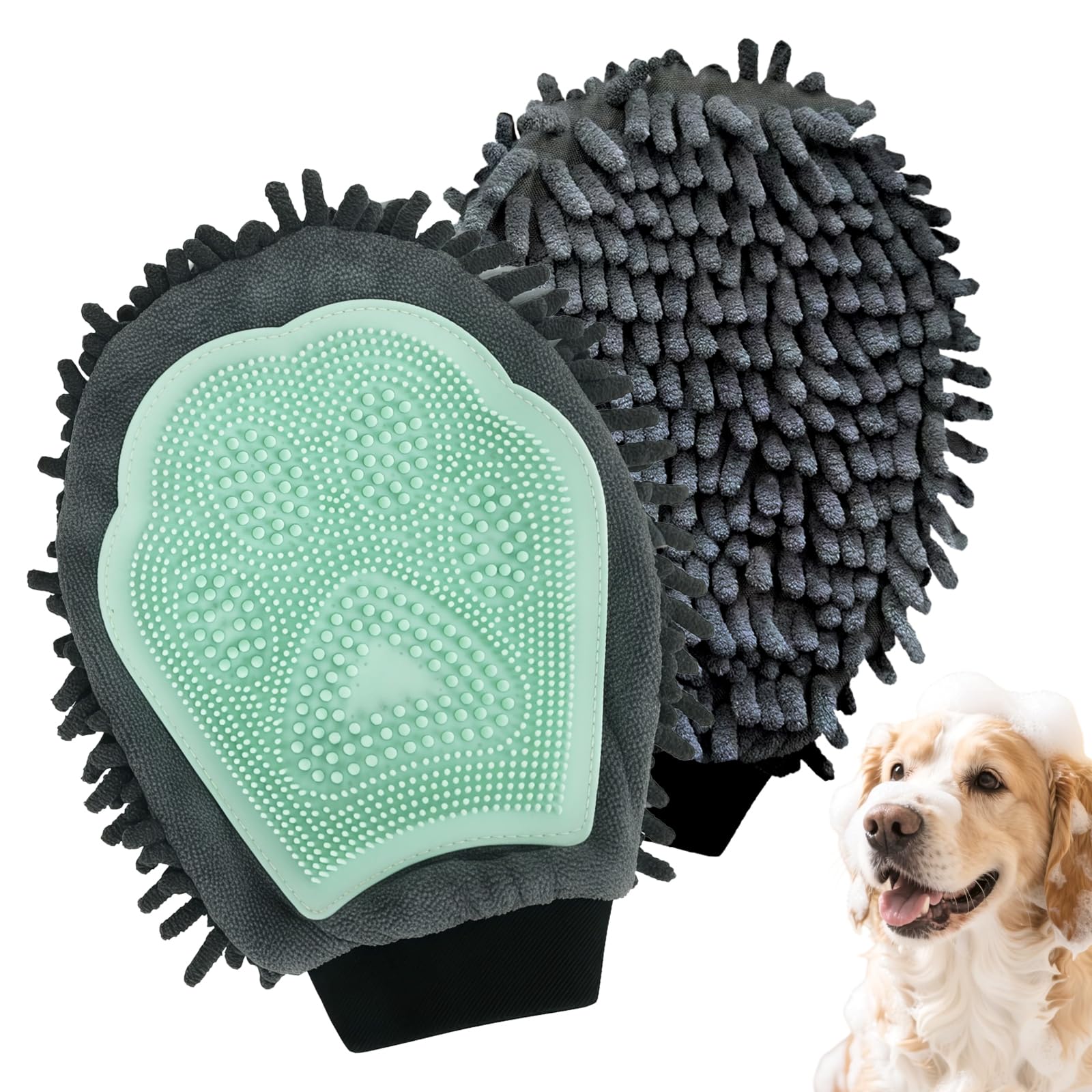 Green Double-Sided Dog Bath Glove Dog Washing Glove For Dogs&Cats Massage Dog Brush Glove,Chenille Absorbent Pet Towel Mitt,Pet Grooming Glove For Hair Removal Glove,Pet Bathing Glove photo 1