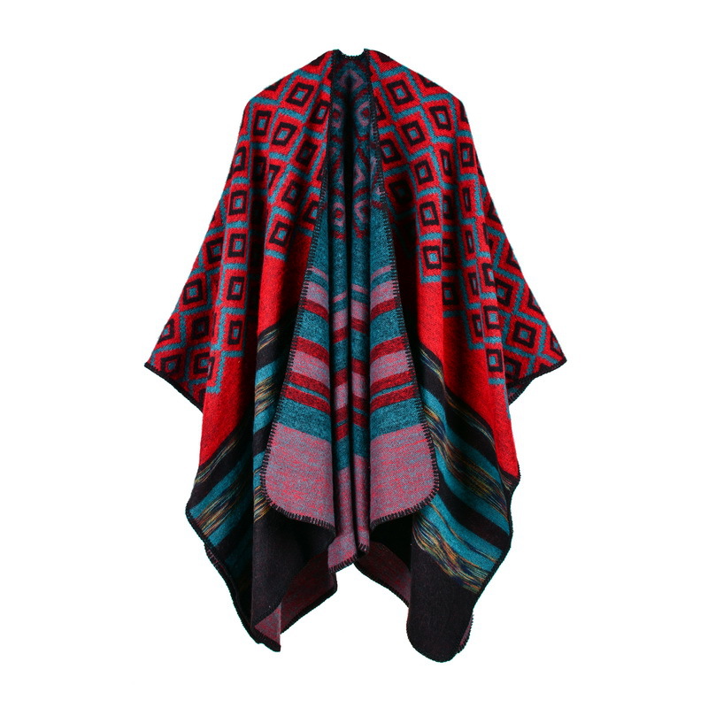 Women's Rhombus Color Striped Shawl, Women's Double-Sided Wearable Outdoor Travel Poncho photo 3