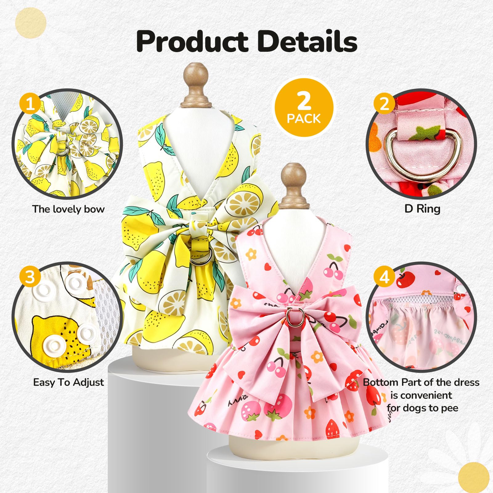 2Pack Small Dog Harness Dress For Girl Puppy Cat Dress With Flower Pattern Bow Adjustable Breathable Lining Back D-Ring Cute Outfits For Small Puppy, Cat Dresses For Cats Only Or Dog Girl Clothes photo 8
