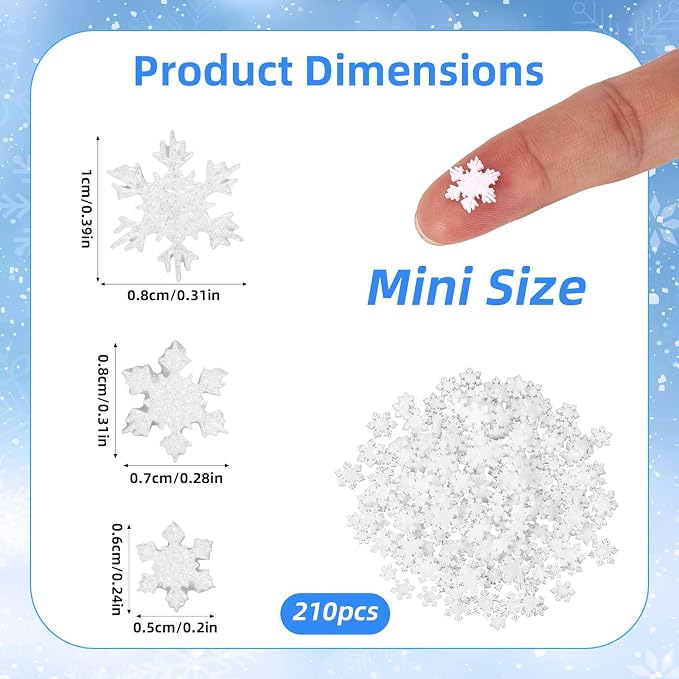 210-Piece Mini White Glitter Resin Snowflakes In 3 Sizes For DIY Christmas Tree And Winter Decor photo 4