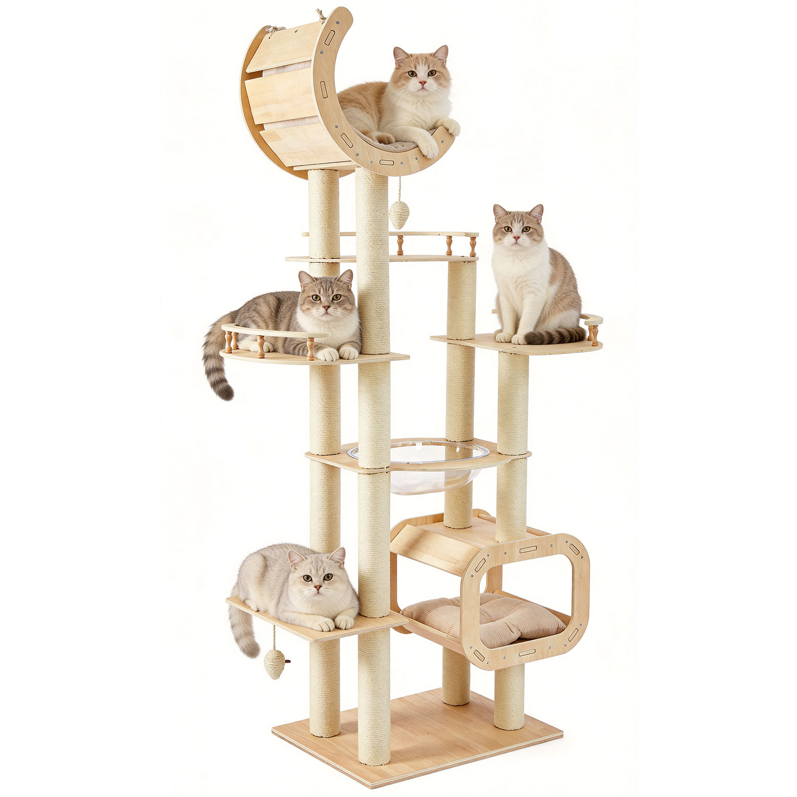 Heavy-Duty No-Drill Large Cat Tree-Solid Wood, 5-Story Multi-Column Cat Tower, 80.4in For Large Spaces & Multi-Cat Households, Open Condo, Space Capsule, Bed, Durable Indoor Pet Furniture photo 6