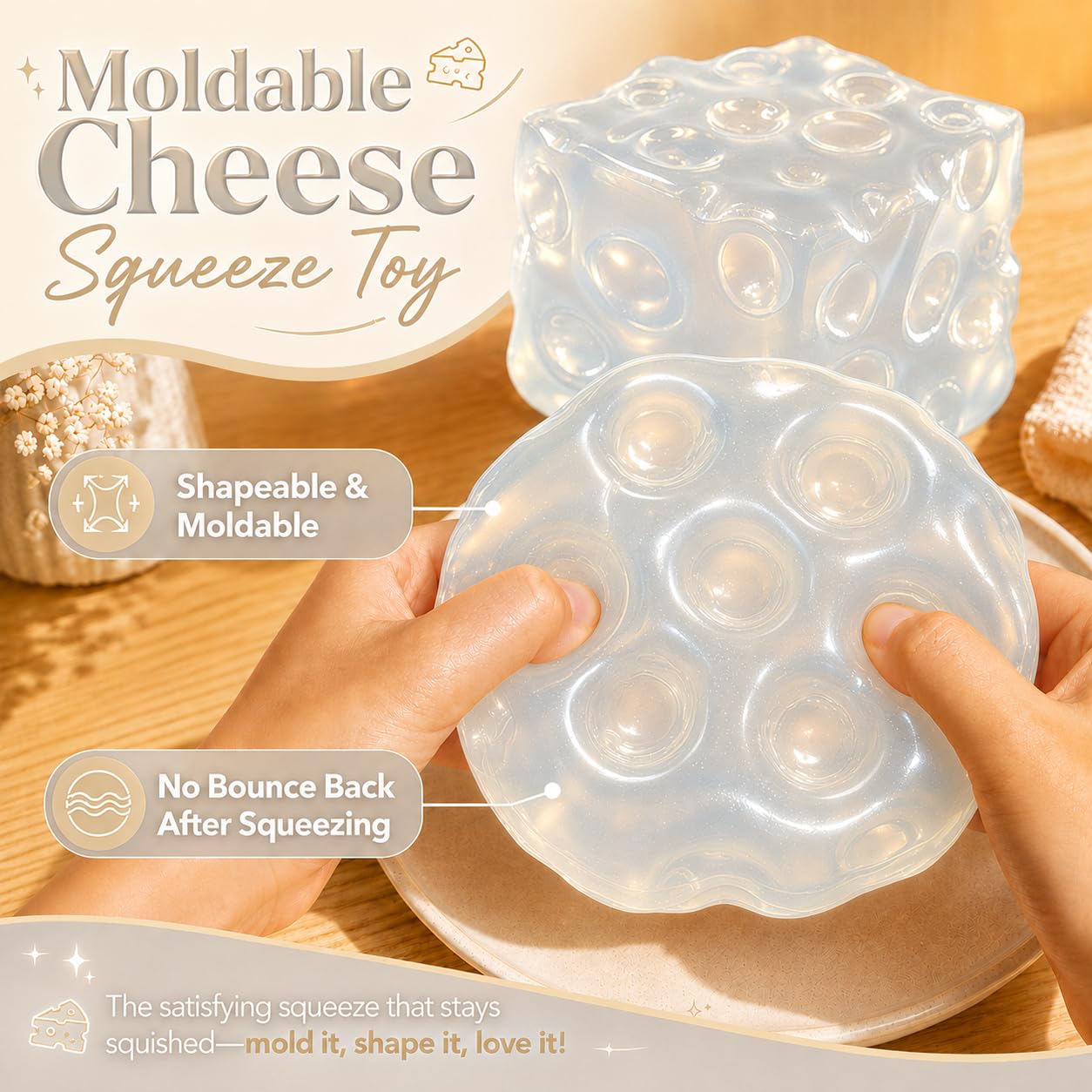 Big Cheese Squishy Stress Relief Toy - Jumbo Moldable Non-Rebound Fidget Toy, Petroleum Jelly Filled, Shape-Retaining Sensory Squeeze Toy For Teens And Adults photo 3