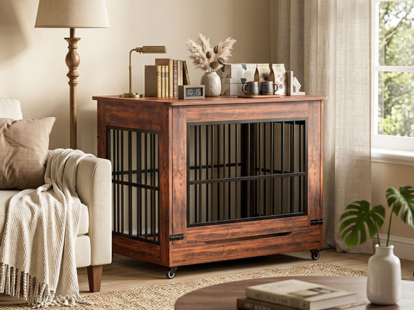 42in  Large Dog Crate Furniture, Double Door Wooden Indoor Dog Kennel Furniture, Decorative Pet Cage End Table With Wheels For Large Breed Dogs, Size XL, Greige photo 1