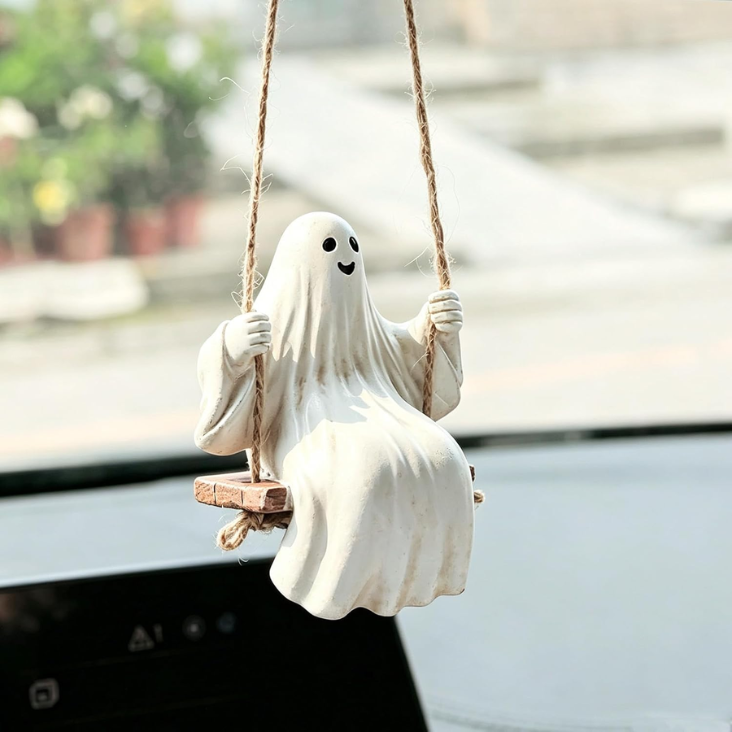 Cute Swinging Ghost Car Mirror Hanging Ornament Halloween Car Interior Accessories Distressed Vintage Ghost photo 1