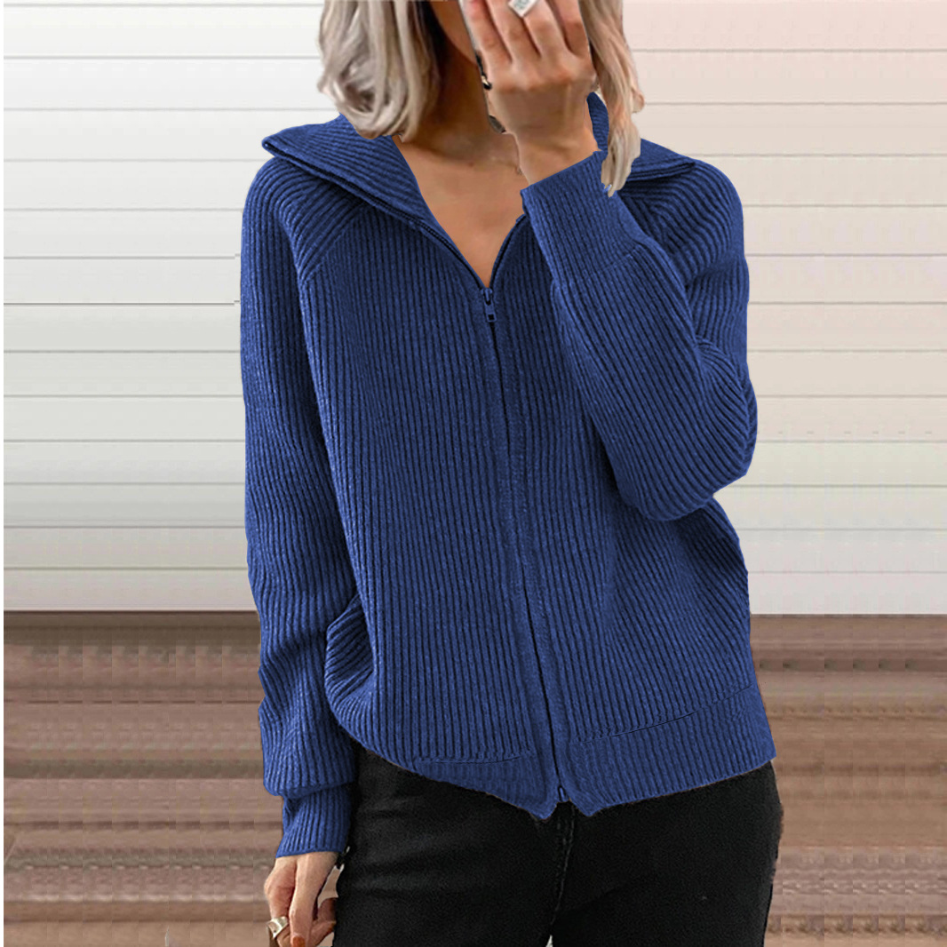 European And American Cross-border Fall And Winter New Style Striped Casual Jackets, Loose Knitted Tops With Zippers, Long-sleeved Lapel Sweaters For Women, Available In 6 Colors. photo 5