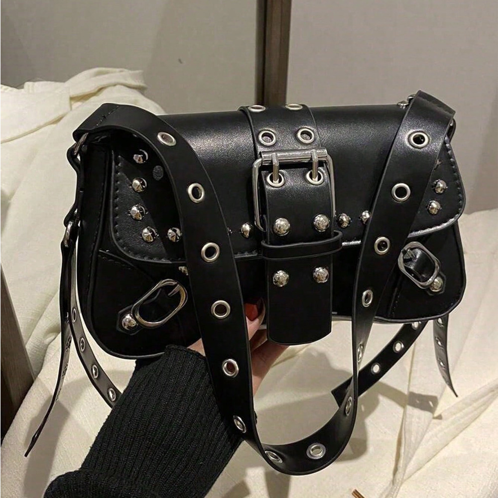 Underarm Bag For Women, Retro Faux Leather Shoulder Bag With Studs & Buckles, Handbag For Daily Party Streetwear photo 3