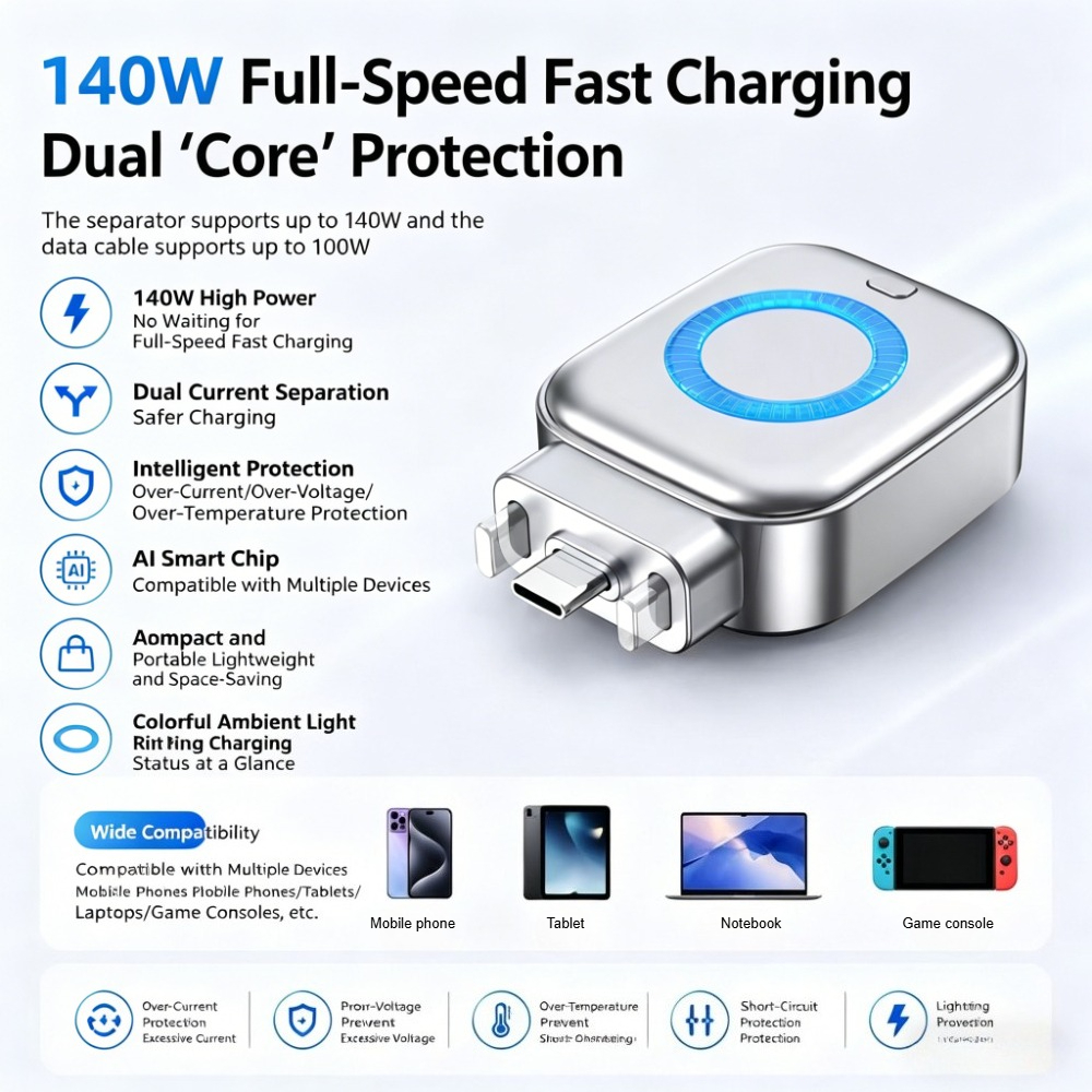 USB-C Auto Full-Charge Separator Smart Auto-Disconnect Charger Stopper 140W Overcharge Protection For Phone Android Safe Night Charging photo 1