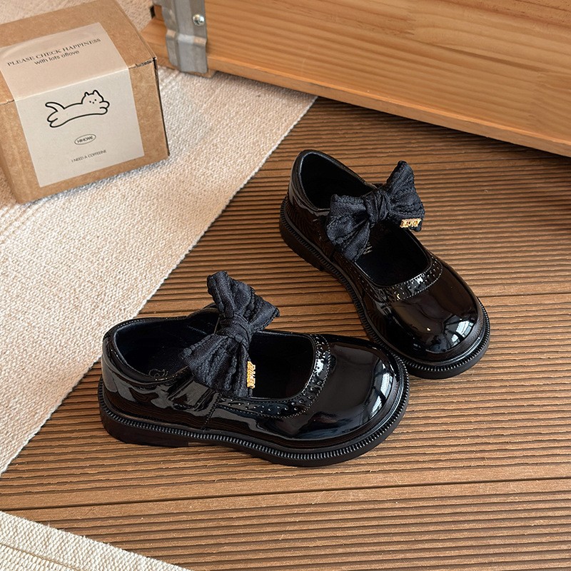 2026 Spring New Kids Leather Shoes, Stylish Black Bow Princess Mary Jane Flat Shoes For Girls photo 2