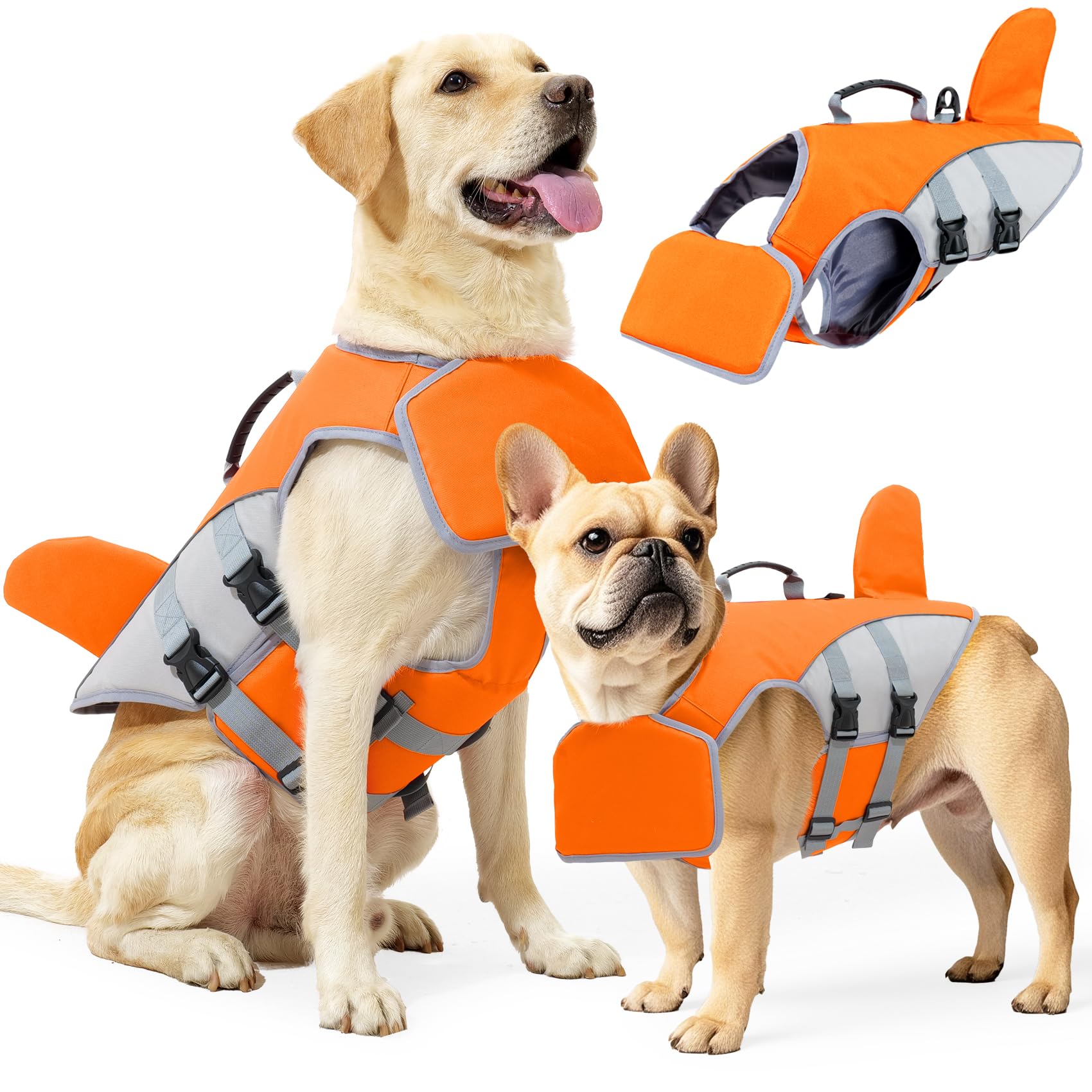 Dog Life Jacket For Small Medium Large Dogs, Shark Pet Life Vest With Rescue Handle & Adjustable Straps, Reflective Dog Flotation Vest For Swimming, Boating, Beach photo 1