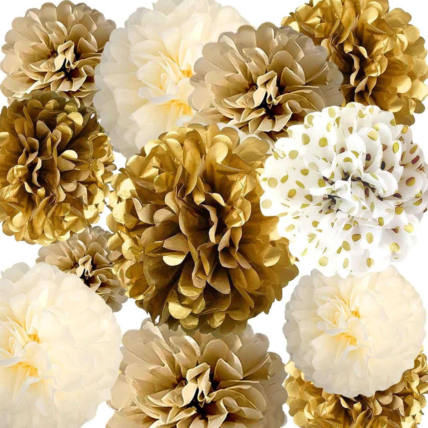 Gold White Tissue Paper Pom Poms 12 Units, Hanging Party Decorations For Wedding, Engagement, Birthday, Bridal Shower And Bachelorette photo 1