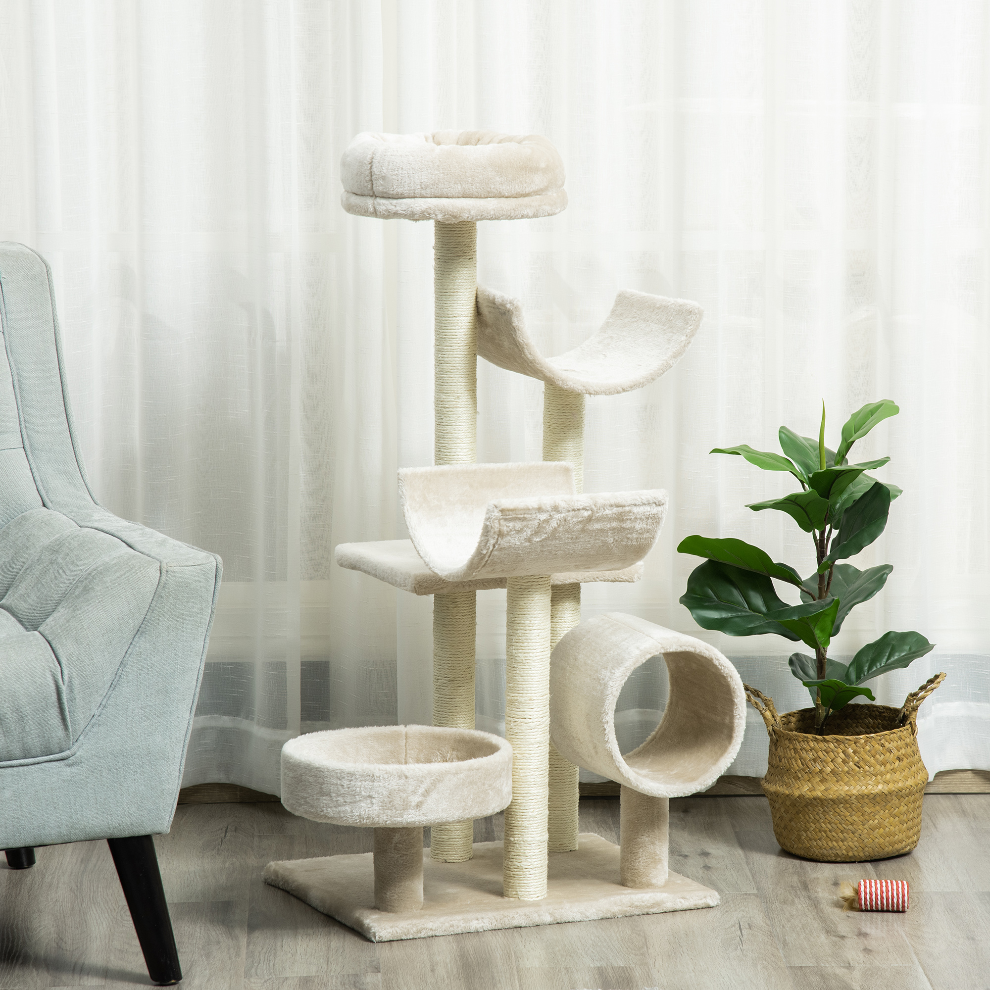 PawHut Cat Tree For Indoor Cats Kitten Pet Scratching Post Perch Activity Center Scratcher Climb Post Play House Arch With Tunnel 105cm Tall Beige photo 1