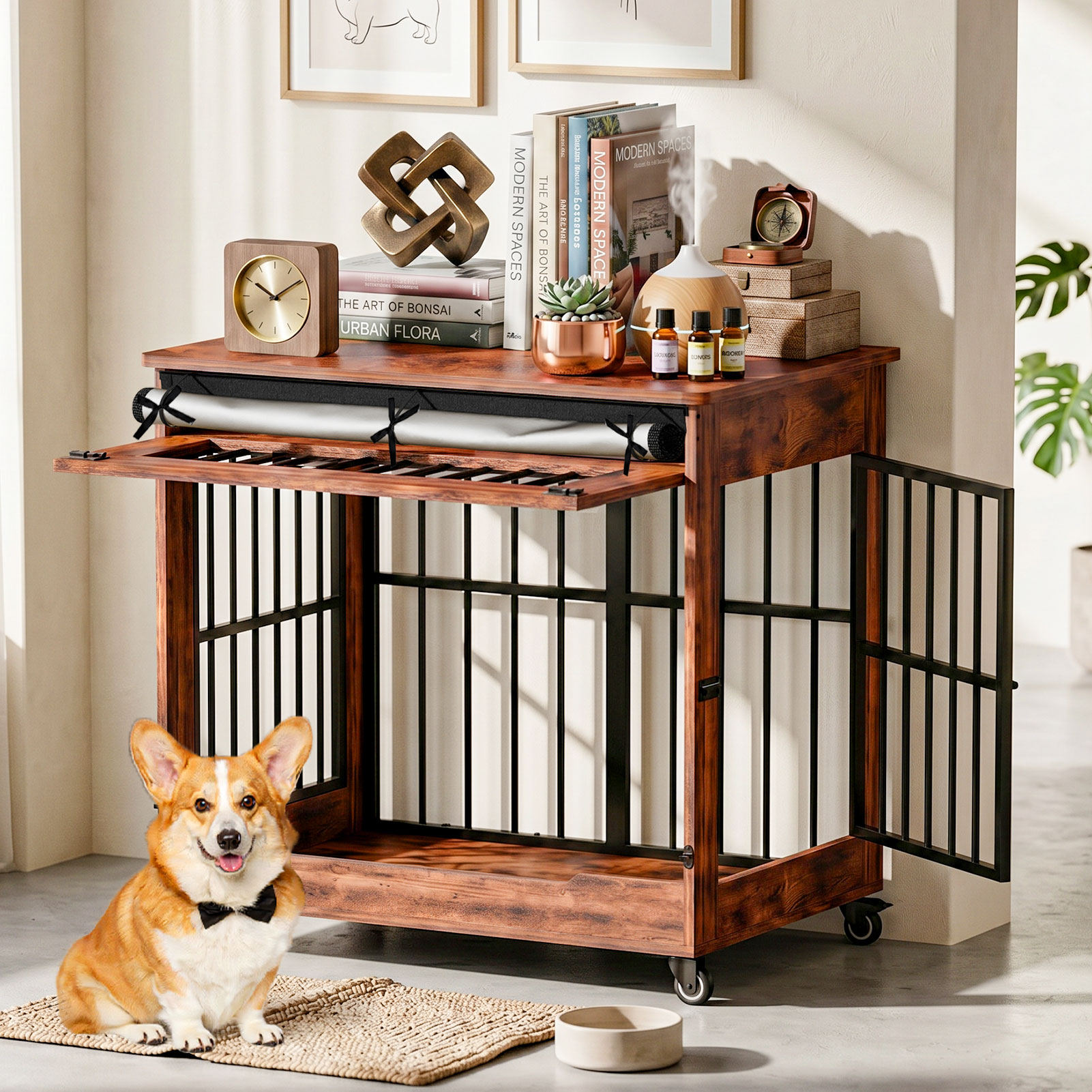 32in  Dog Crate Furniture, Double Door Wooden Indoor Dog Kennel Furniture, Decorative Pet Cage End Table With Wheels For Medium And Small Breed Dogs, Size M, Greige photo 1