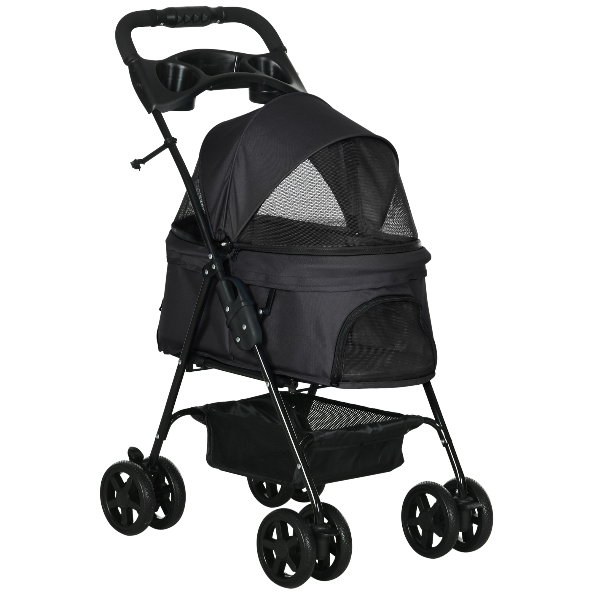 PawHut Dog Pram Dog Stroller Foldable Pet Pushchair With 4 Wheels, Safety Leashes, Cup Holder For Small Dogs, Black photo 6