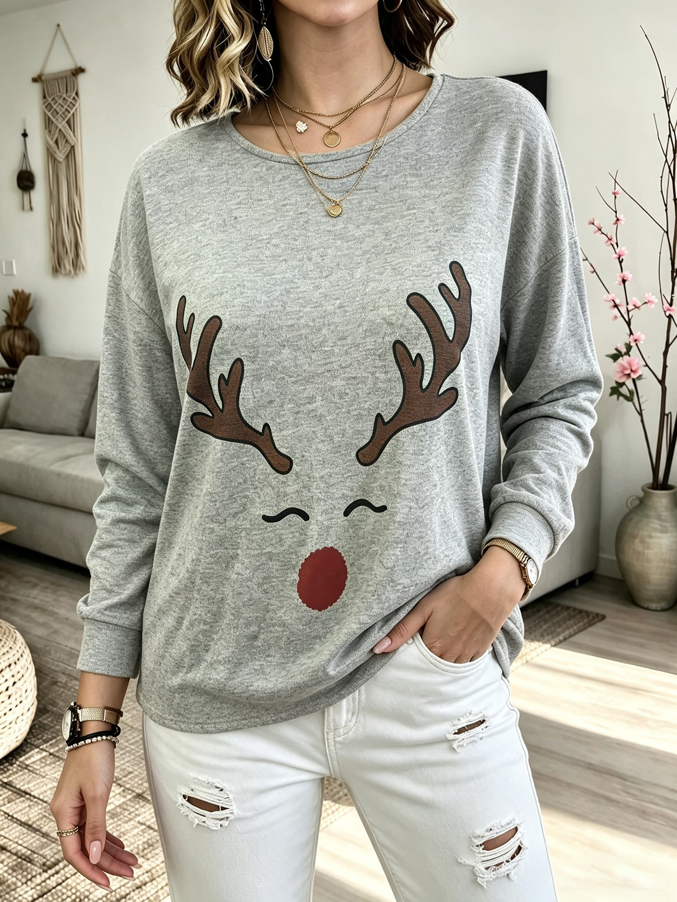Women's Christmas Reindeer Print Sweatshirt Long Sleeve Crew Neck Casual Holiday Pullover Top photo 2