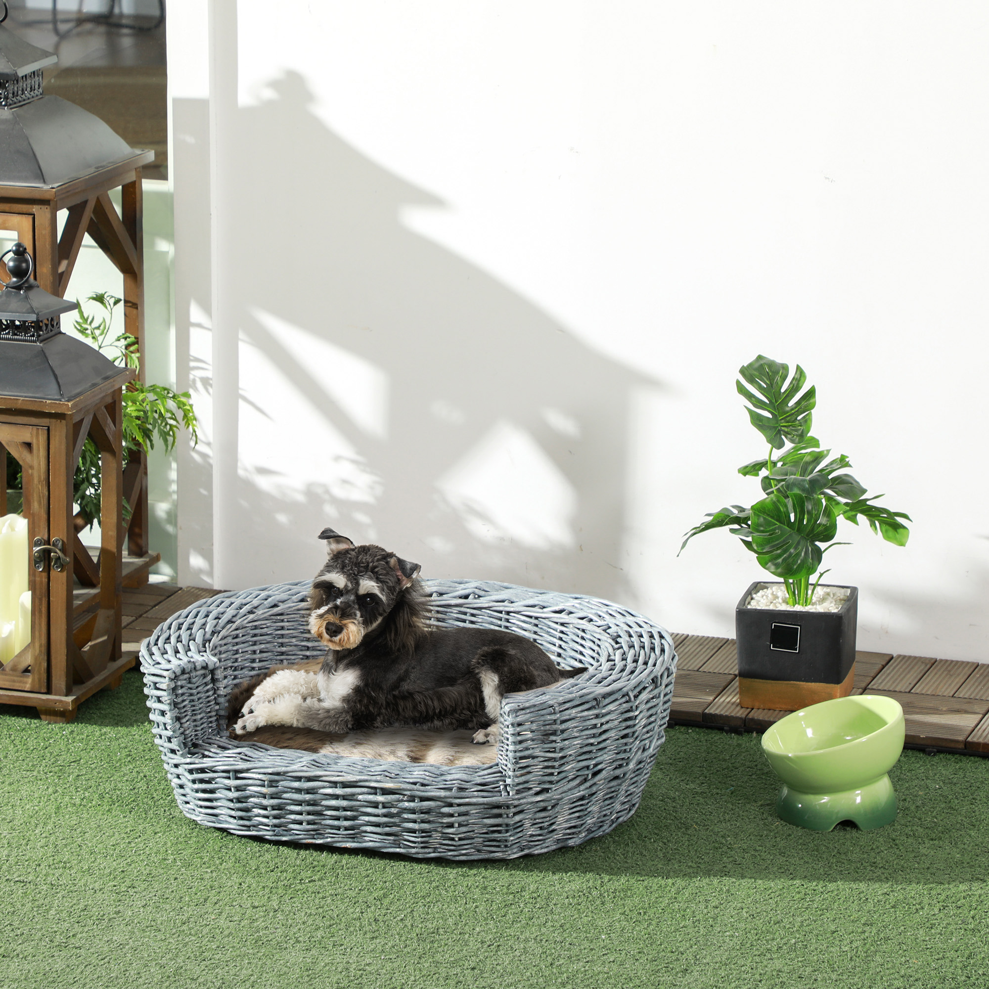 PawHut Wicker Pet Bed Willow Dog Cat Sofa Couch Puppy Basket With Cushion Grey 57L X 46W X 17.5H Cm photo 3