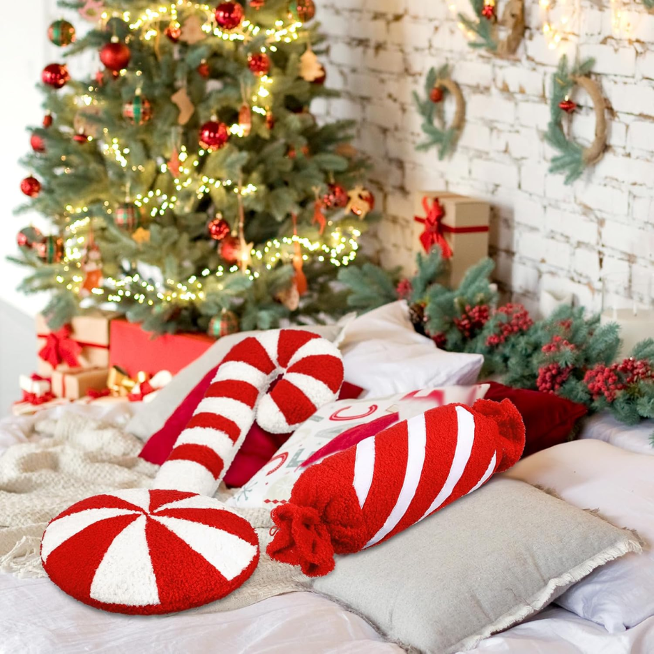 3Pcs Christmas Red Candy Shape Throw Pillows, Festive Holiday Decor photo 2