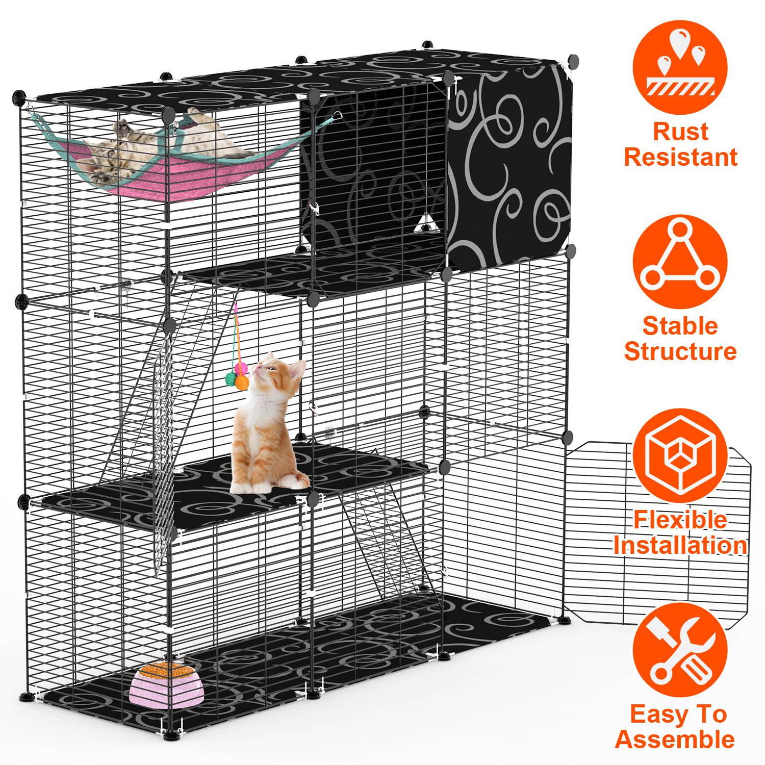 3-Tier Cat Cage Enclosure Indoor Cat Cage Playpen With Hammock Toy Ball Ladder DIY Iron Wire Cat House Kennels Crate For 1-2 Cats Ferret Rabbit Small Animals photo 1