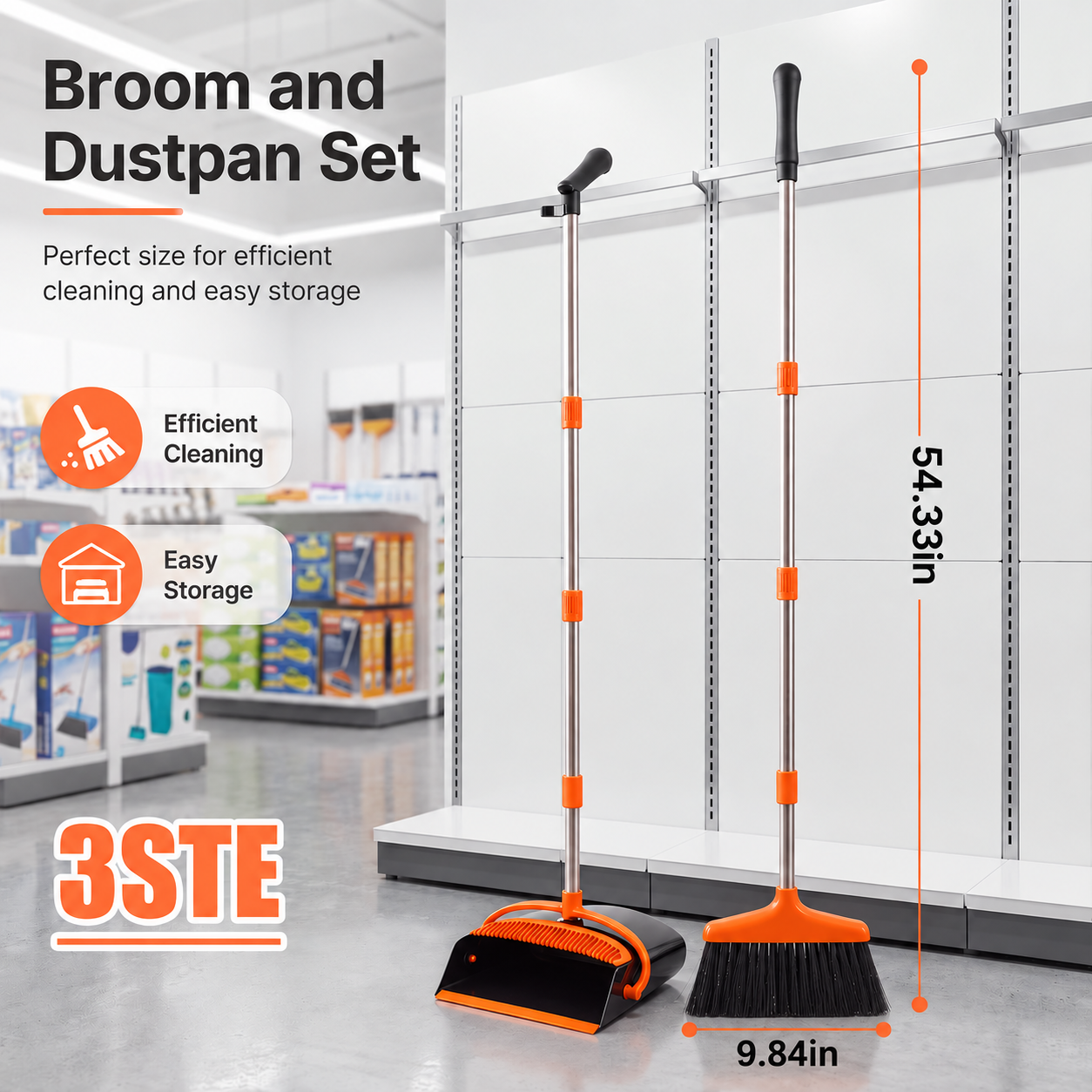 54.33-inch Long-handled, One-piece Design, Lightweight Stainless Steel Handle, Upright Dustpan With Broom Combination, Suitable For Household, Kitchen, Office And Pet Hair Cleaning Black And Orange. photo 8