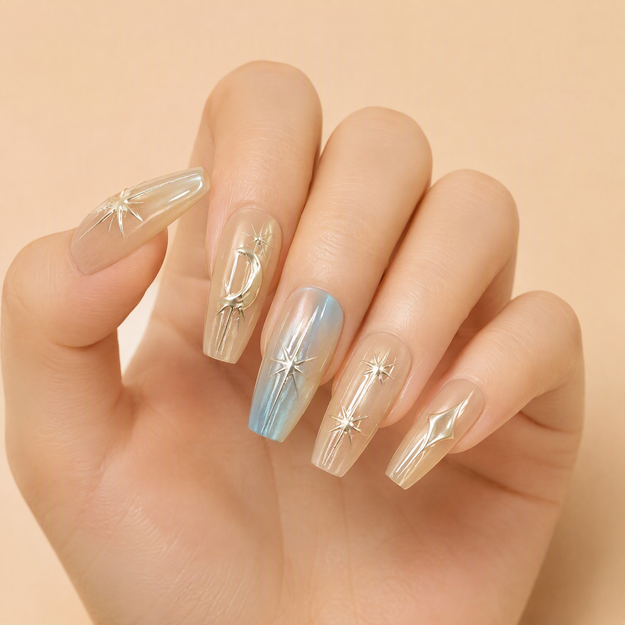 Celestial Cat-Eye Champagne Press-On Nails photo 5