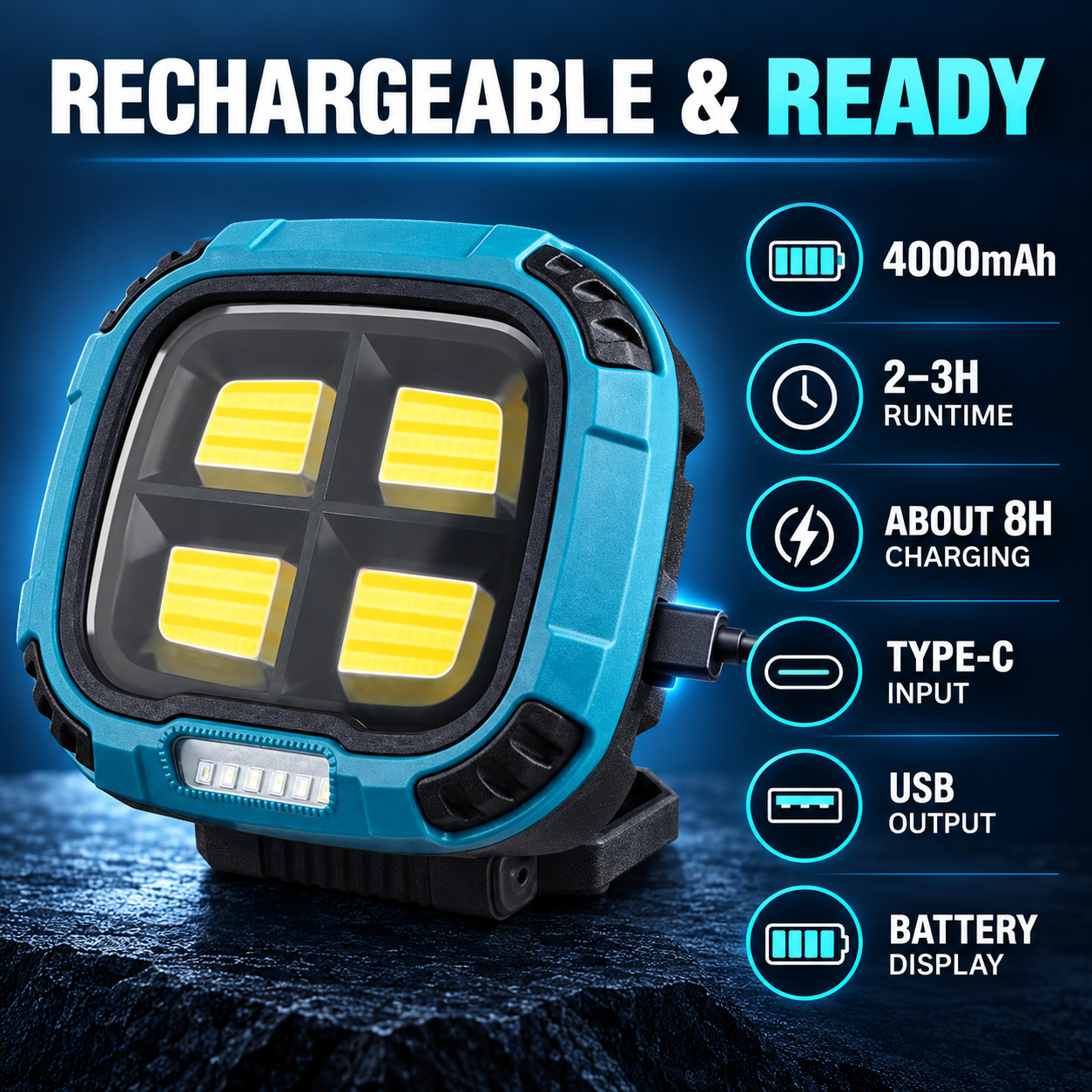 Rechargeable Magnetic Battery Display Type C LED Work Light Base Hanging W894 3 Hook Flood photo 4
