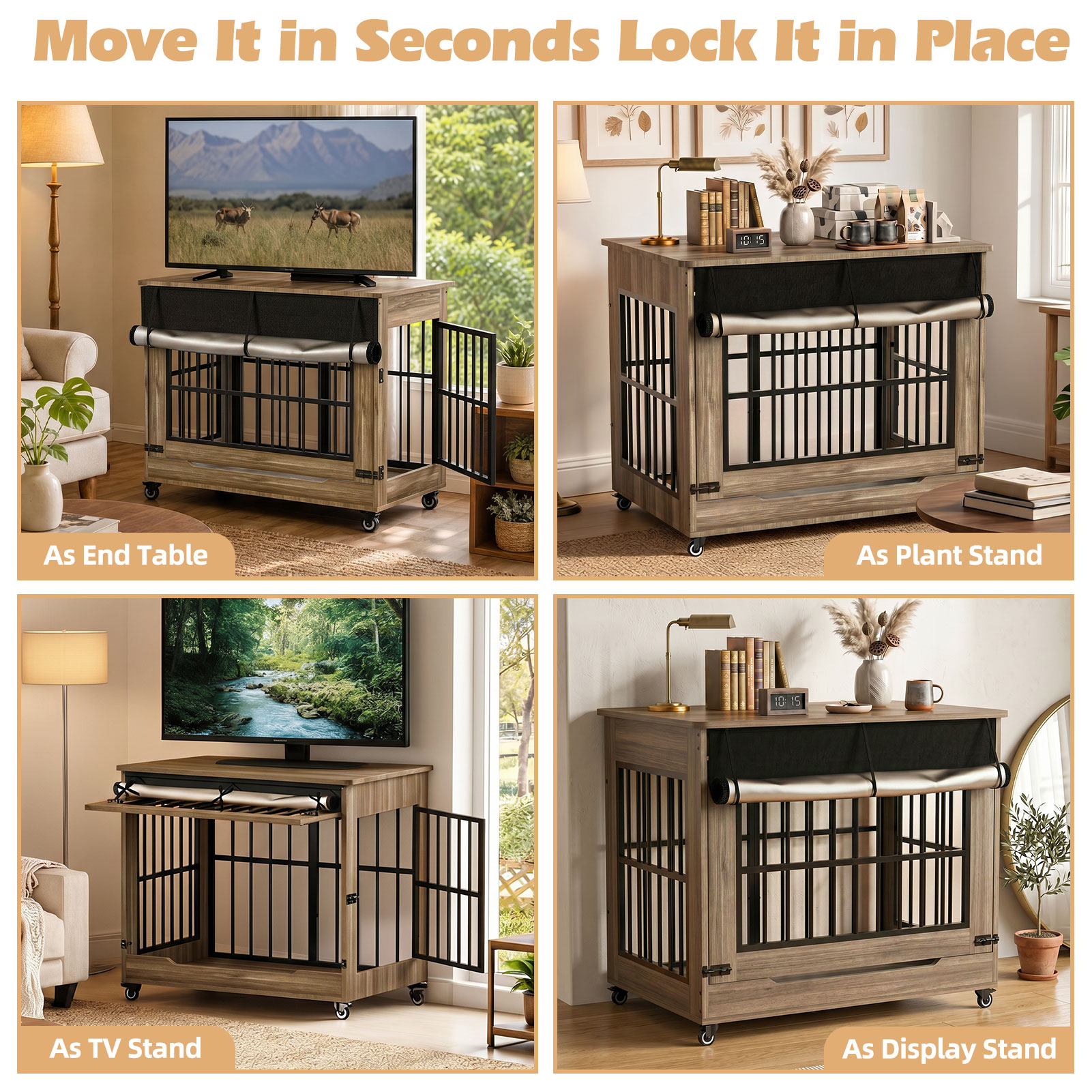 42in  Large Dog Crate Furniture, Double Door Wooden Indoor Dog Kennel Furniture, Decorative Pet Cage End Table With Wheels For Large Breed Dogs, Size XL, Greige photo 4