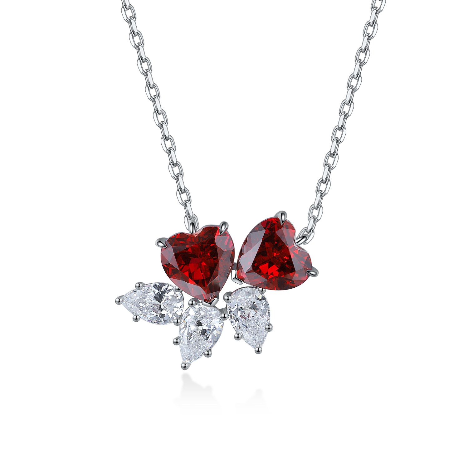 S925 Silver 4.1g Double Heart Lab-Created Gemstone Necklace, 7mm Pendant, 4 Colors, 40&5cm photo 1