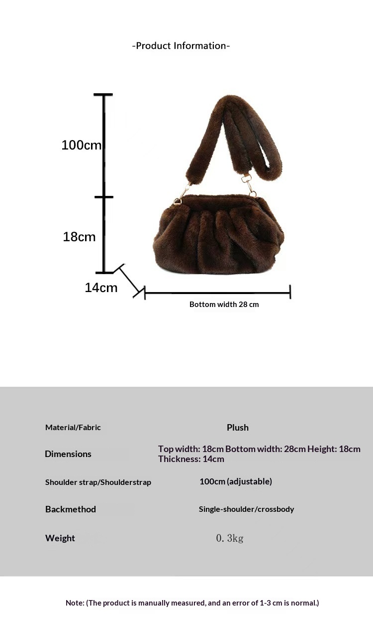 2026 New Plush Shoulder Bag Women's Fashion Imitation Mink Fur Pleated Cloud Bag Autumn And Winter Versatile Crossbody Bag - Deep Coffee photo 3